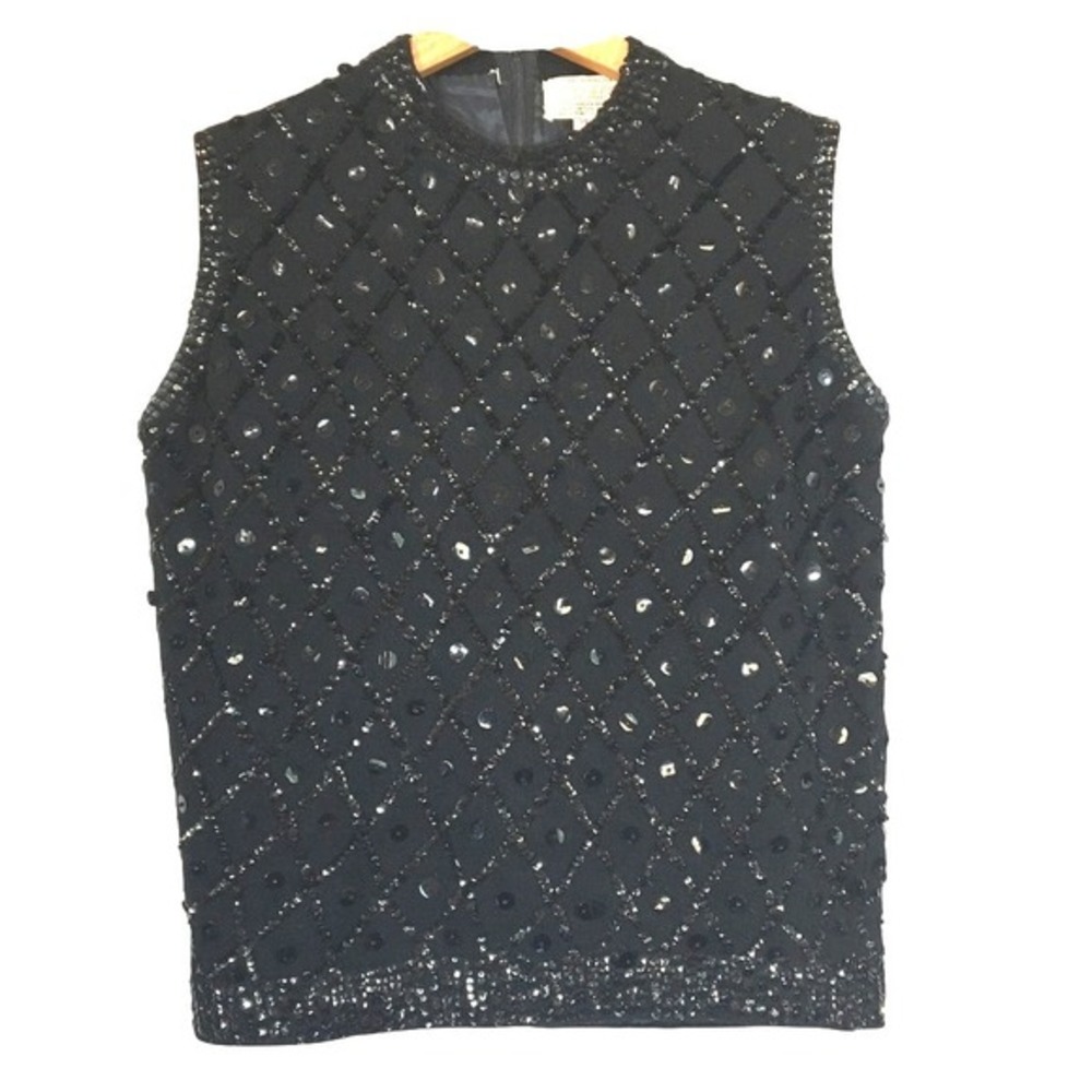 Vintage Cyn Les Beaded Sequined Sleeveless Black‎ Angora Wool Blend Tank Size 34